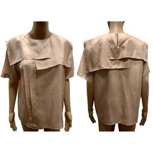 80s French Pale Peach Pink Silk Blouse Asymmetrical Cape Collar